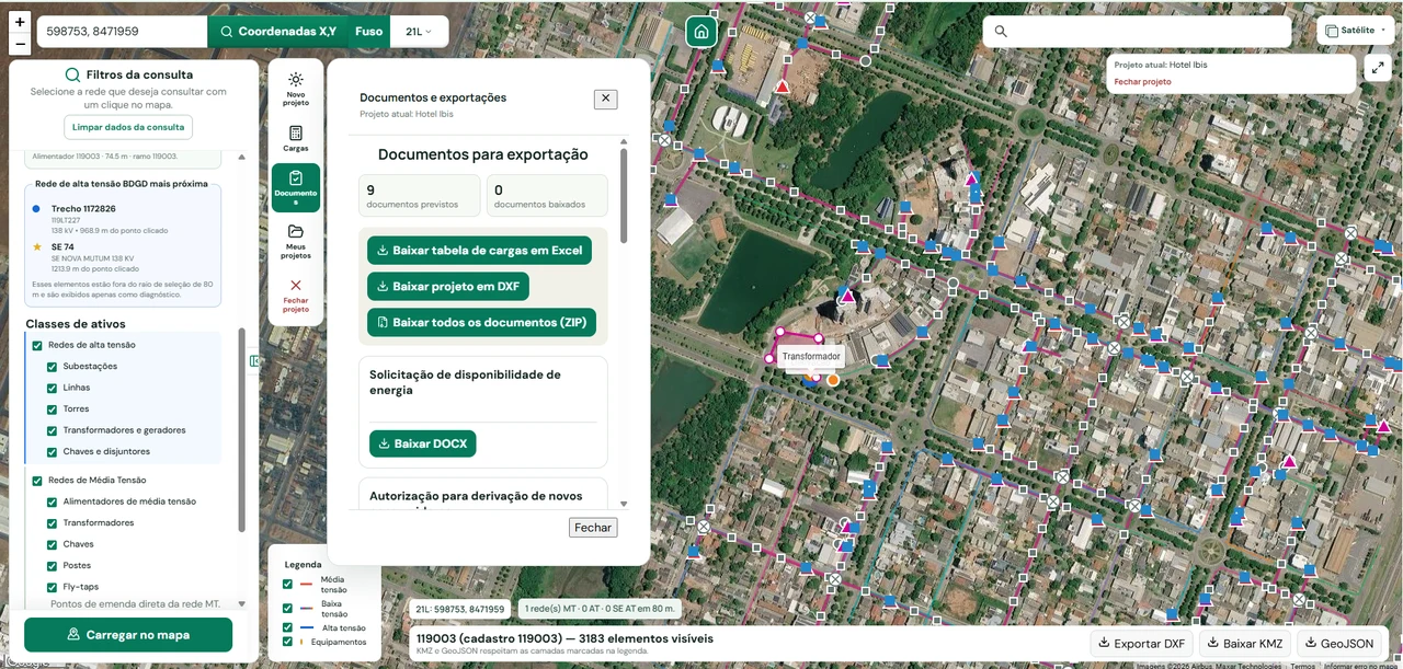 Tela real com redes MT/BT e documentos e exportações do Módulo Projetos